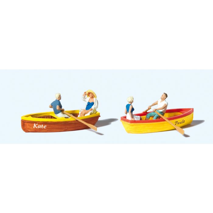 Hand-painted set of two rowing boats with couples, miniature terrarium figures, 1:87 scale
