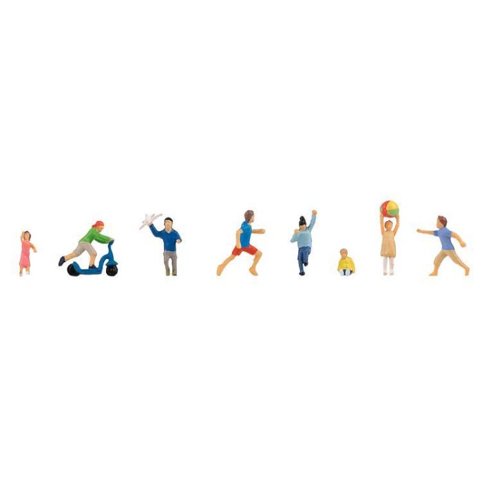 Hand-painted set of eight children playing, miniature terrarium figures, 1:87 scale