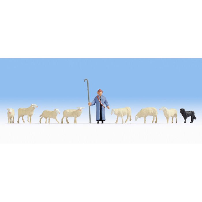 Hand-painted shepherd, seven sheep and sheepdog miniature terrarium figures, 1:87 scale
