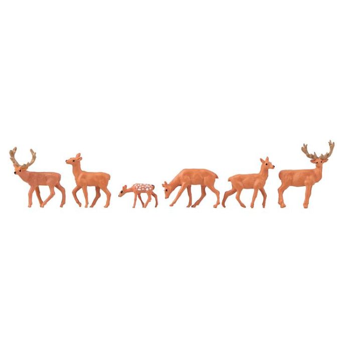 Hand-painted set of six red deer miniature terrarium figures, 1:87 scale