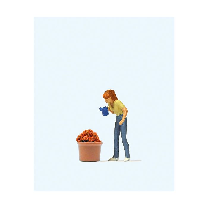 Hand-painted figure watering flowers, miniature terrarium figure, 1:87 scale