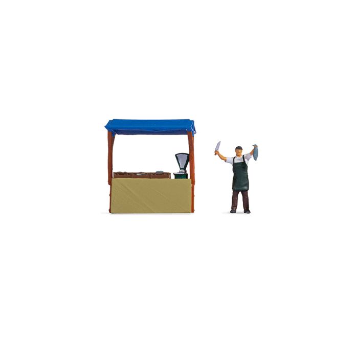 Hand-painted fish-stand miniature terrarium figures with fishmonger stall, 1:87 scale