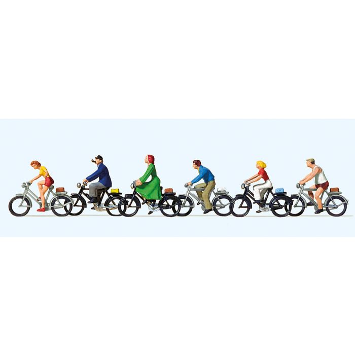 Hand-painted set of six cyclist miniature terrarium figures, 1:87 scale