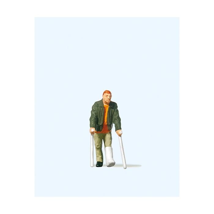 Hand-painted man-on-crutches miniature terrarium figure, 1:87 scale