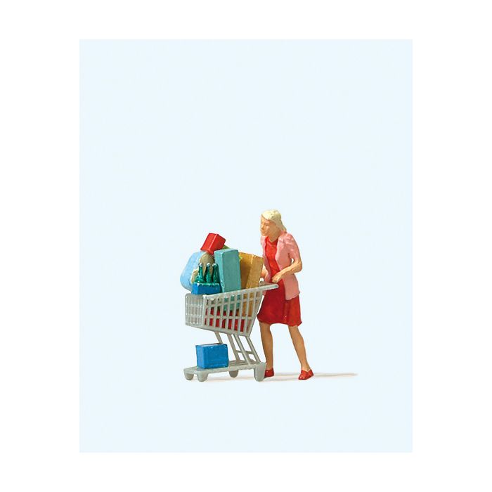 Hand-painted shopaholic miniature terrarium figure with shopping bags, 1:87 scale