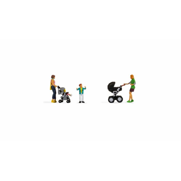 Hand-painted set of two mothers with children and buggies, miniature terrarium figures, 1:87 scale