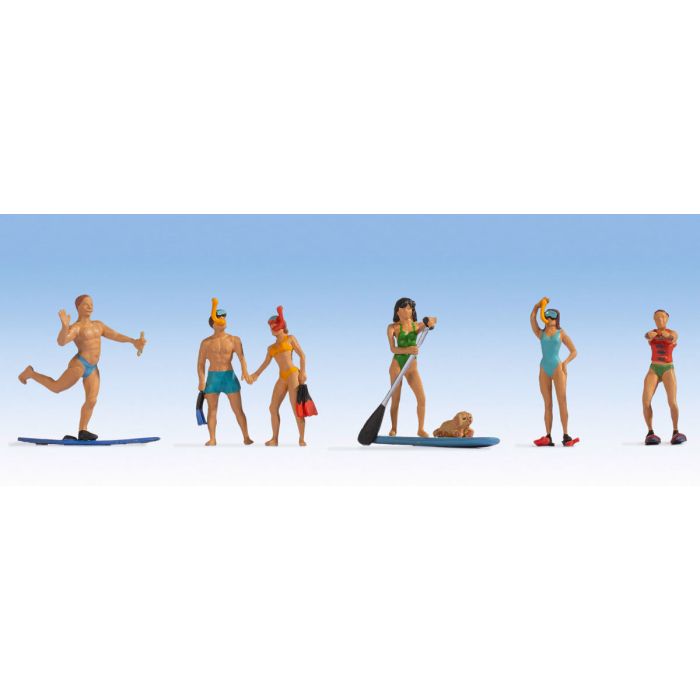 Hand-painted set of six water-sports miniature terrarium figures, 1:87 scale