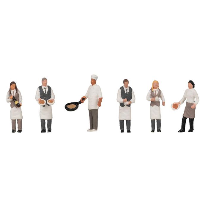Hand-painted set of six catering-staff (waiter) miniature terrarium figures, 1:87 scale