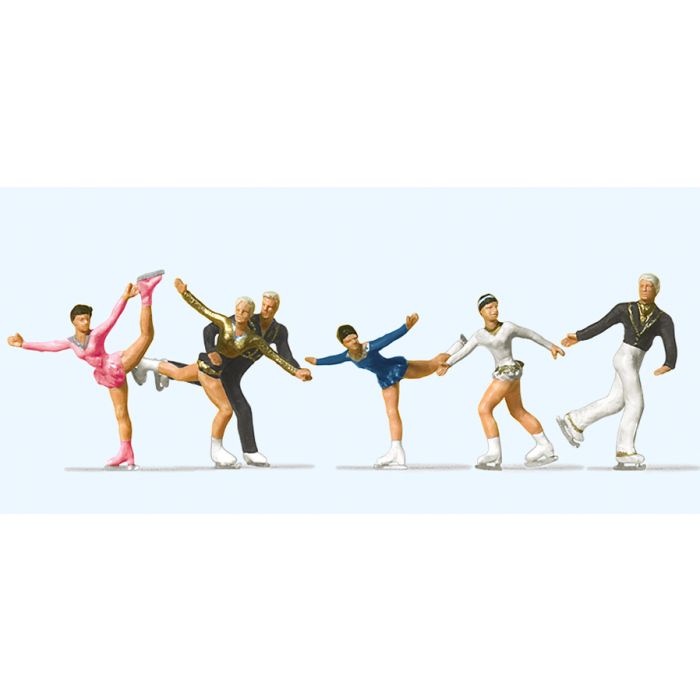 Hand-painted set of six figure-skater miniature terrarium figures, 1:87 scale