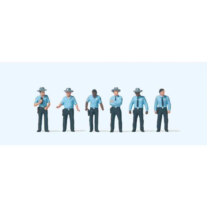 Hand-painted set of six US highway patrol officer miniature terrarium figures, 1:87 scale