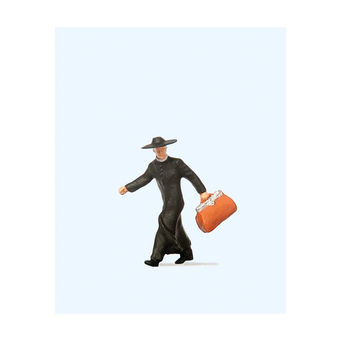 Hand-painted priest in a hurry, miniature terrarium figure, 1:87 scale