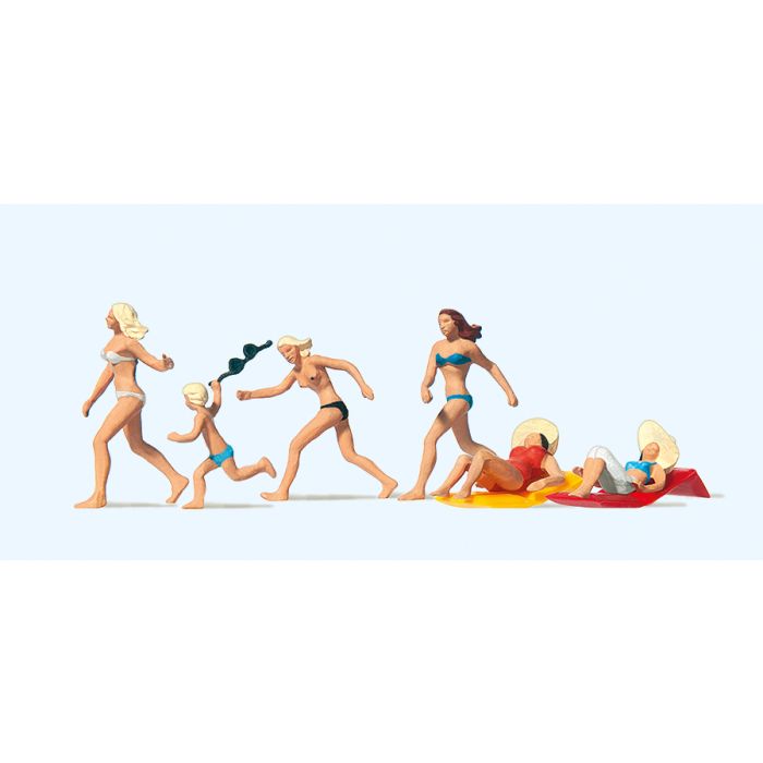 Hand-painted set of six beach bather miniature terrarium figures, 1:87 scale