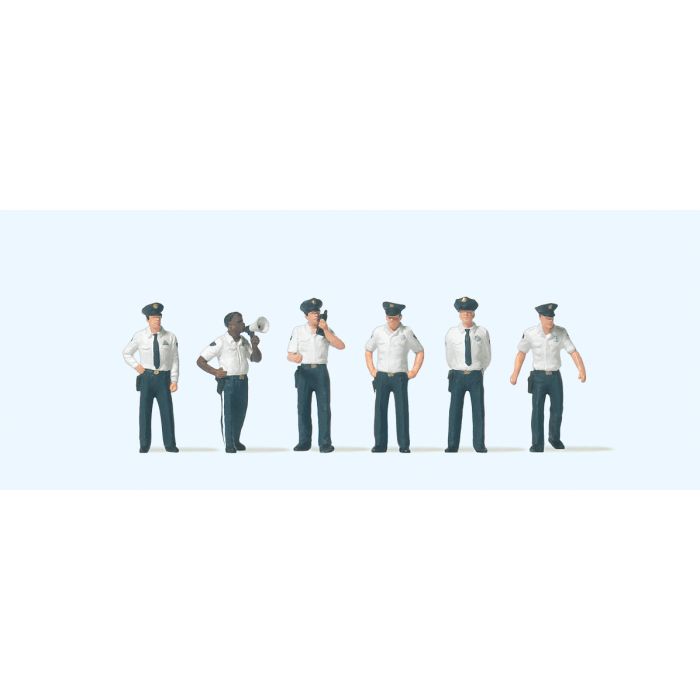 Hand-painted set of six US city police officer miniature terrarium figures, 1:87 scale