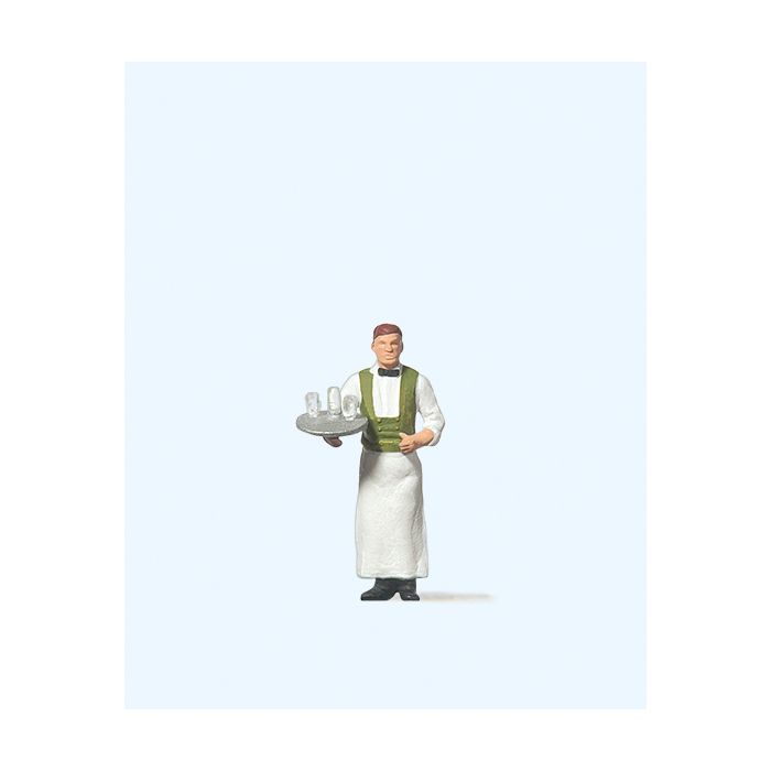 Hand-painted waiter miniature terrarium figure with serving tray, 1:87 scale
