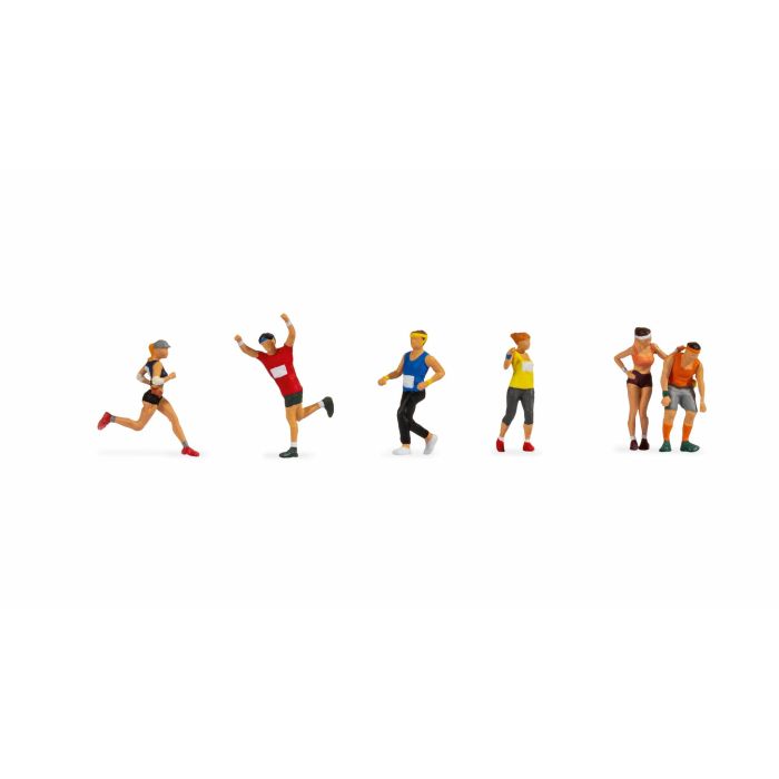 Hand-painted set of six marathon runner miniature terrarium figures, 1:87 scale