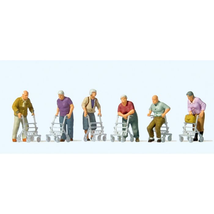 Hand-painted set of six elderly figures with walkers, miniature terrarium figures, 1:87 scale