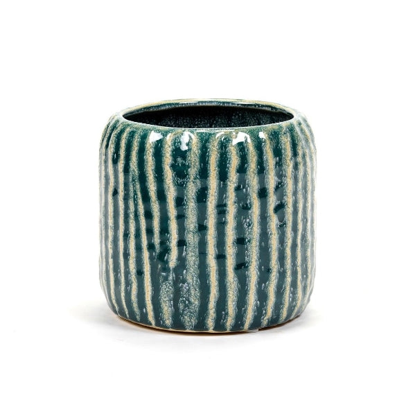 Blue ribbed sixties-style earthenware plant pot