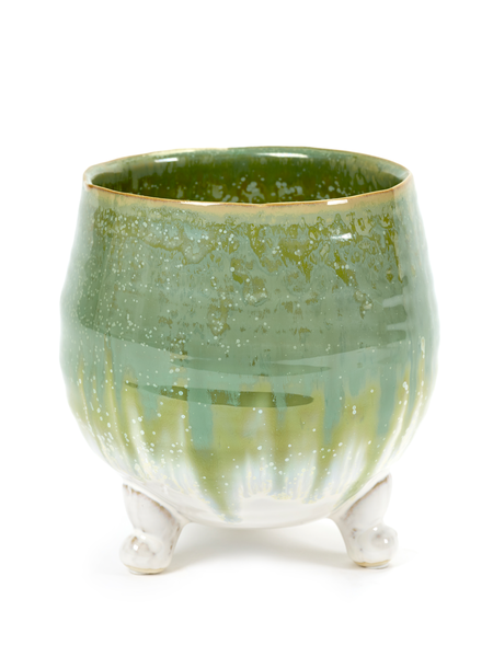 Round tripod plant pot in green-white stoneware