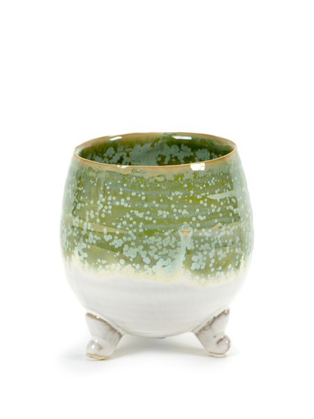 Small round tripod plant pot in green-white stoneware