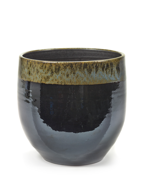 Small glazed earthenware plant pot in blended black and green shades
