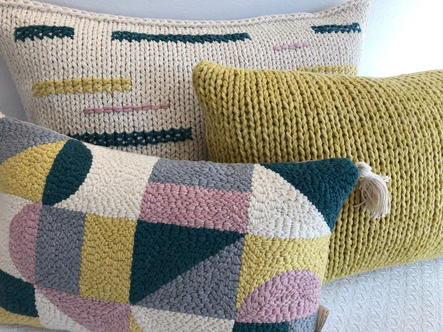 Punch needle geometric cushion cover — another view