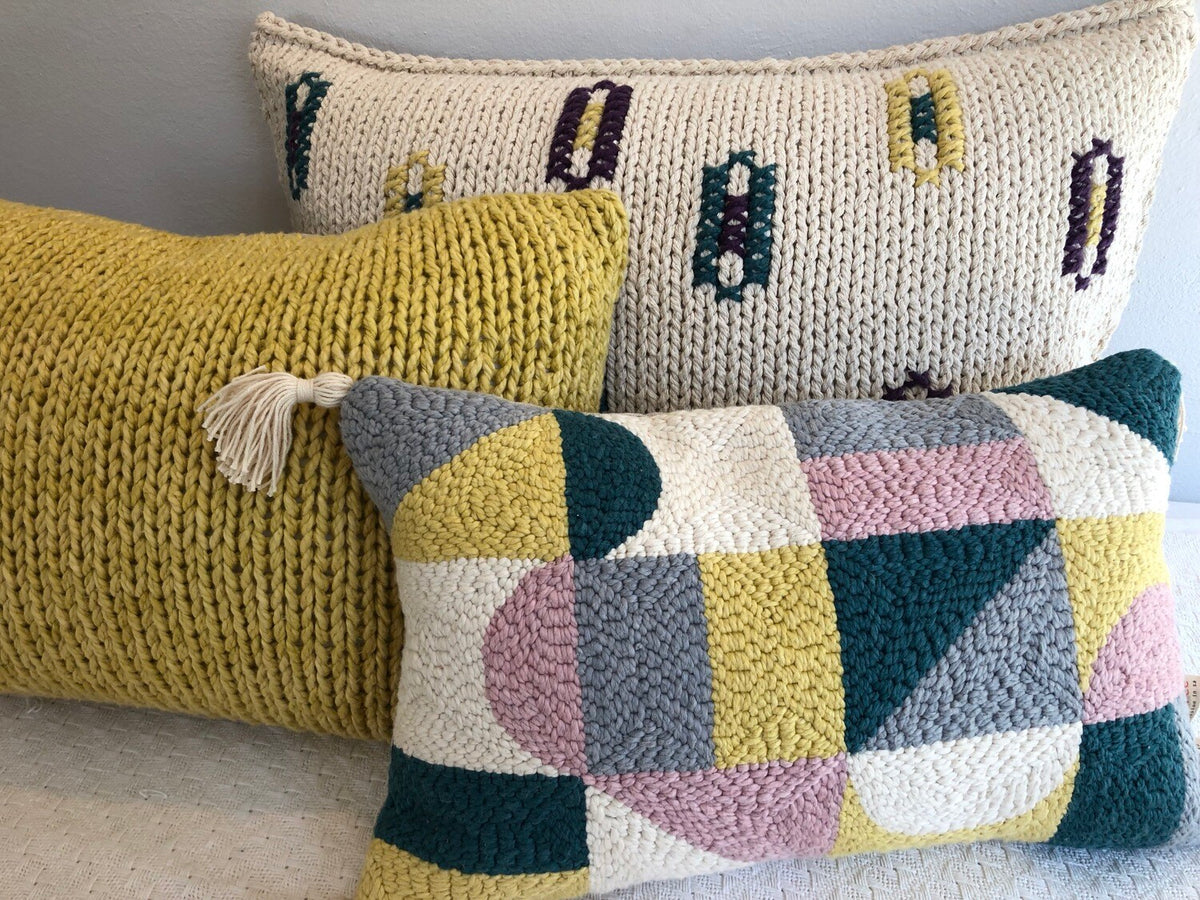 Punch needle geometric cushion cover — detail