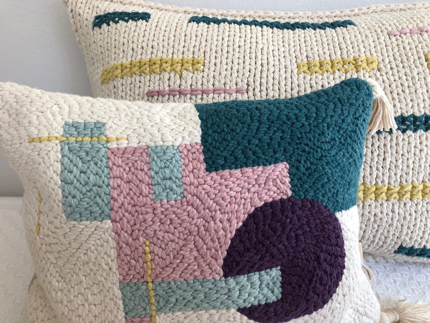 Punch needle geometric cushion cover — another view