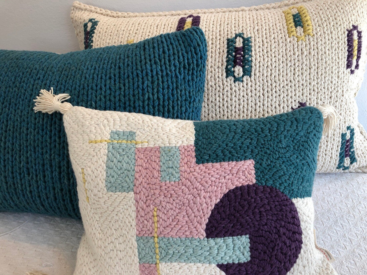 Punch needle geometric cushion cover — natural backing with zip