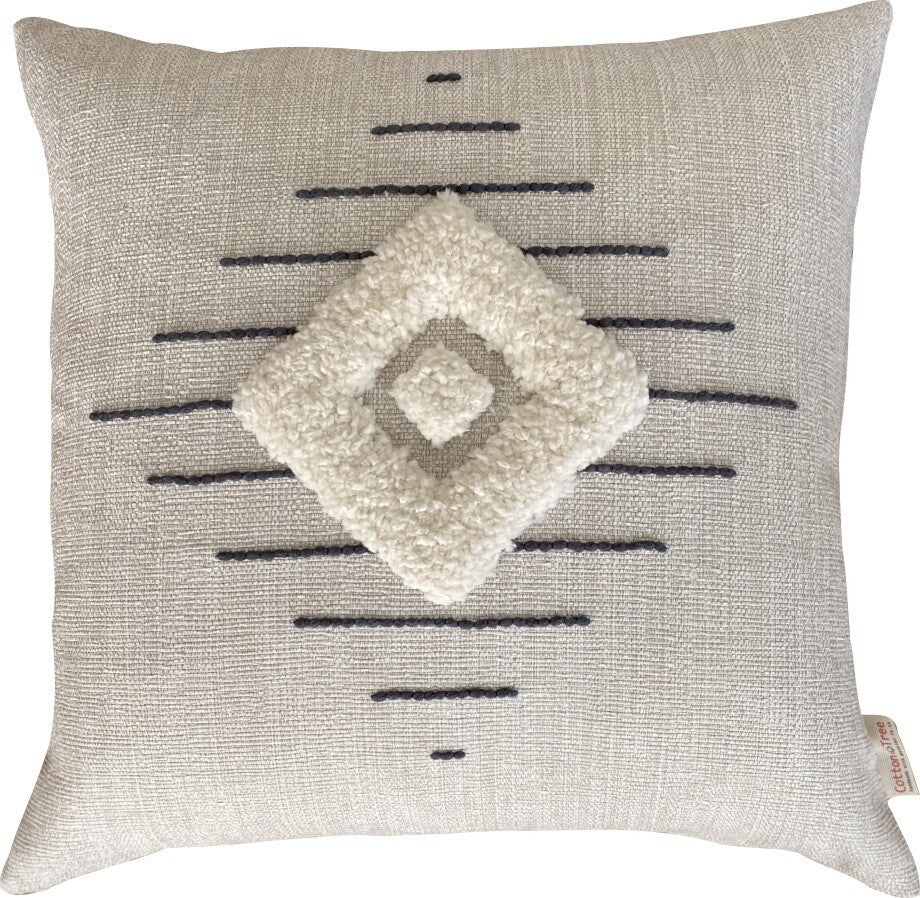 Hand-punched Zulu-pattern cushion cover in oatmeal, charcoal and white