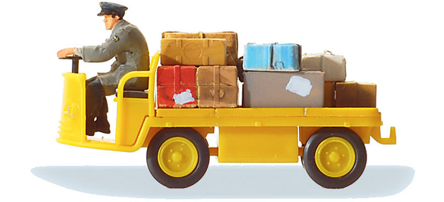 Hand-painted postal delivery worker on a cart, miniature terrarium figure, 1:87 scale