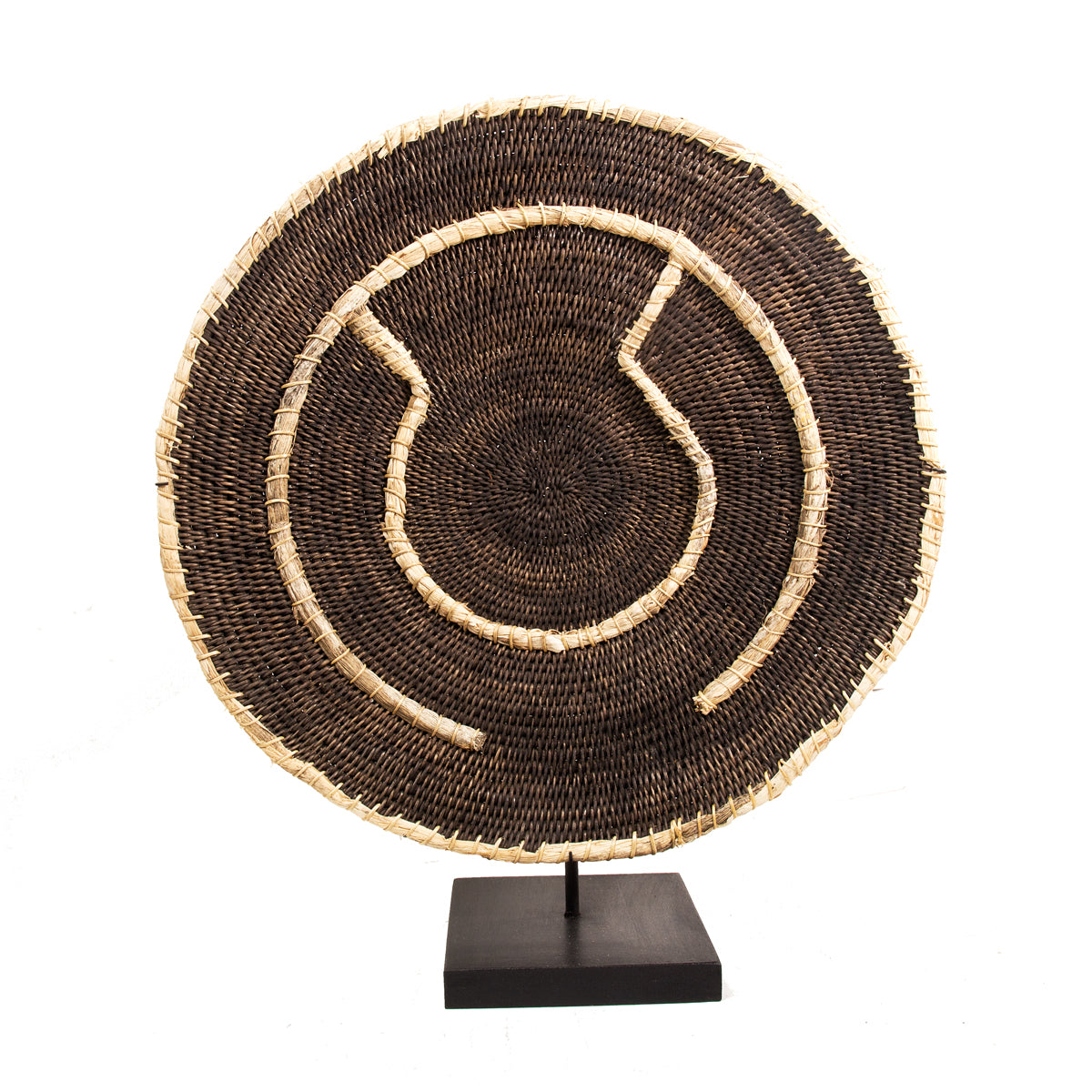 Old handwoven Makenge basket from Zambia on a stand