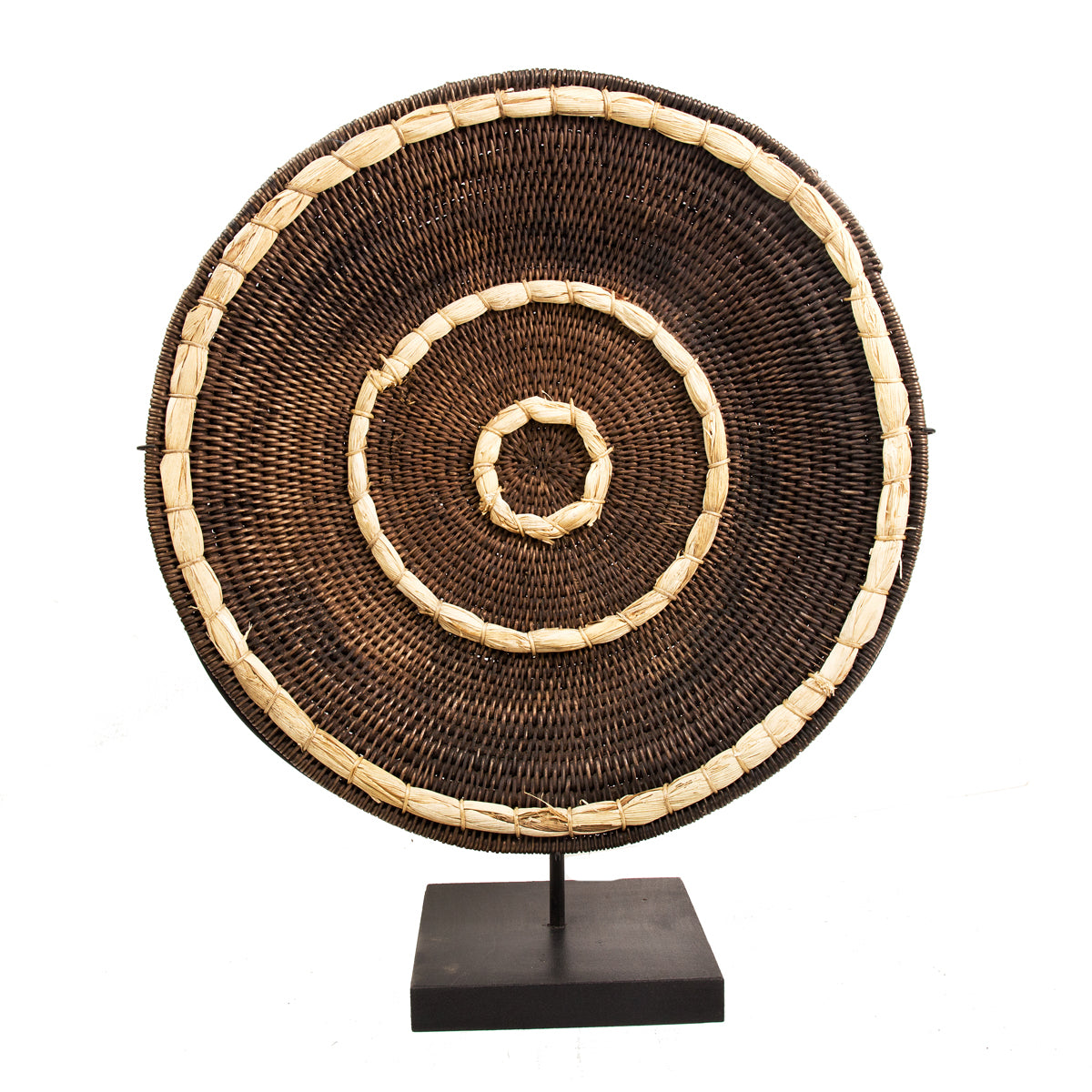 Old handwoven Makenge basket from Zambia on a stand