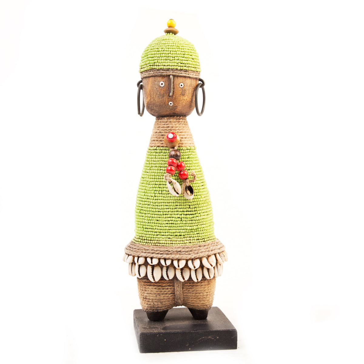 Hand-carved lime green beaded Namji doll from Cameroon
