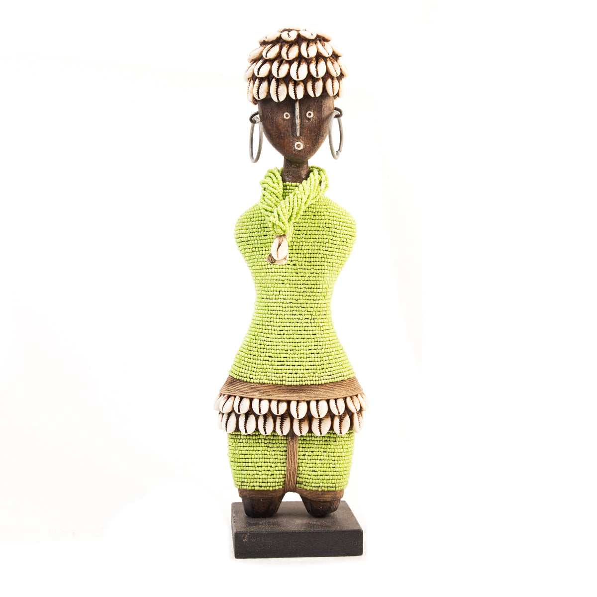 Hand-carved lime green beaded Namji doll from Cameroon