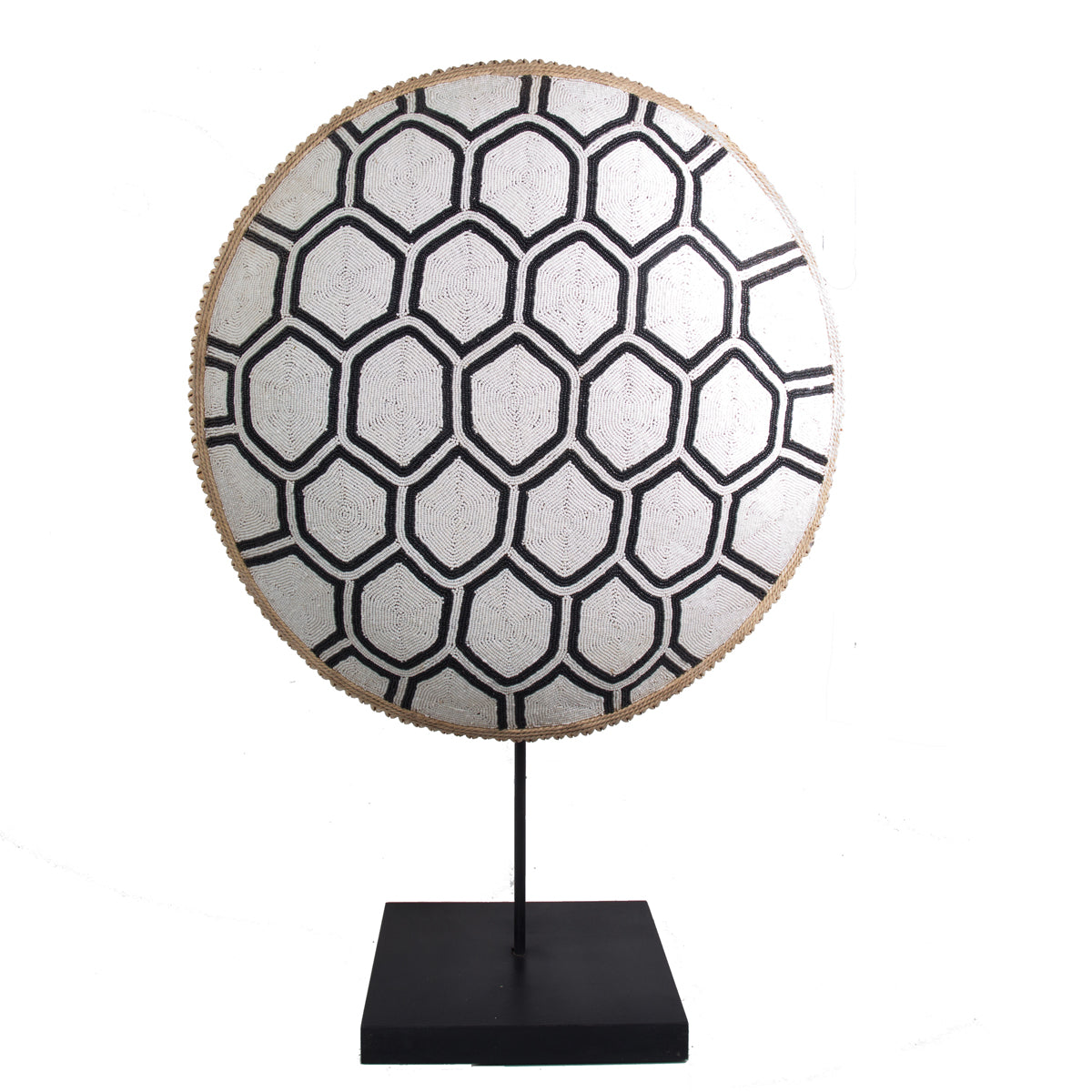 Cameroon beaded shield with pearly beads in a geometric design, on a stand