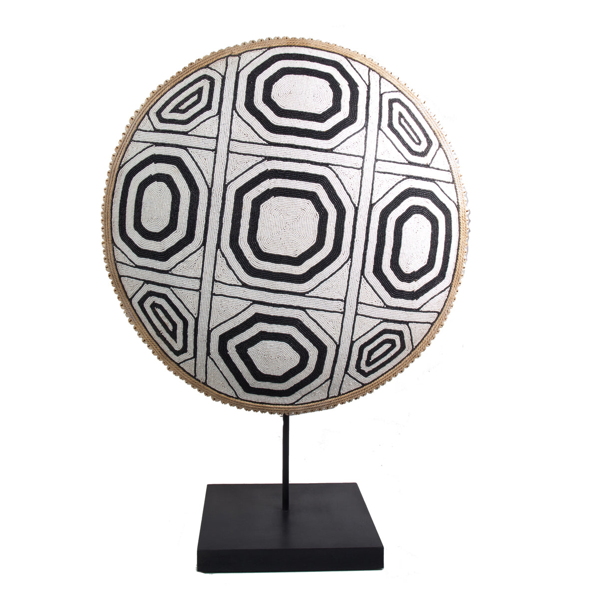 Cameroon beaded shield with pearly beads in a geometric design, on a stand