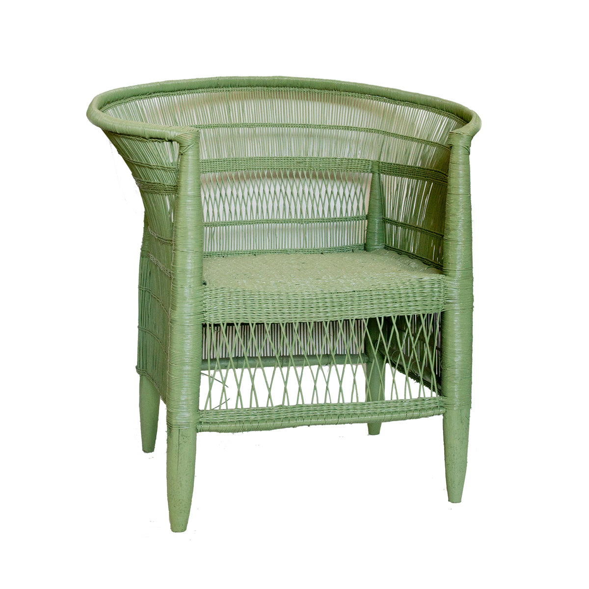Handwoven green rattan Malawi chair with curved barrel back