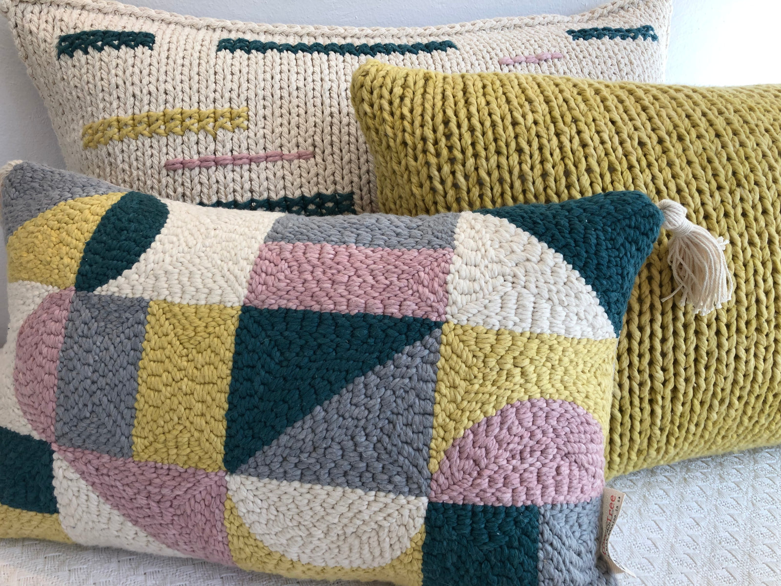 Punch needle geometric cushion cover — natural backing with zip