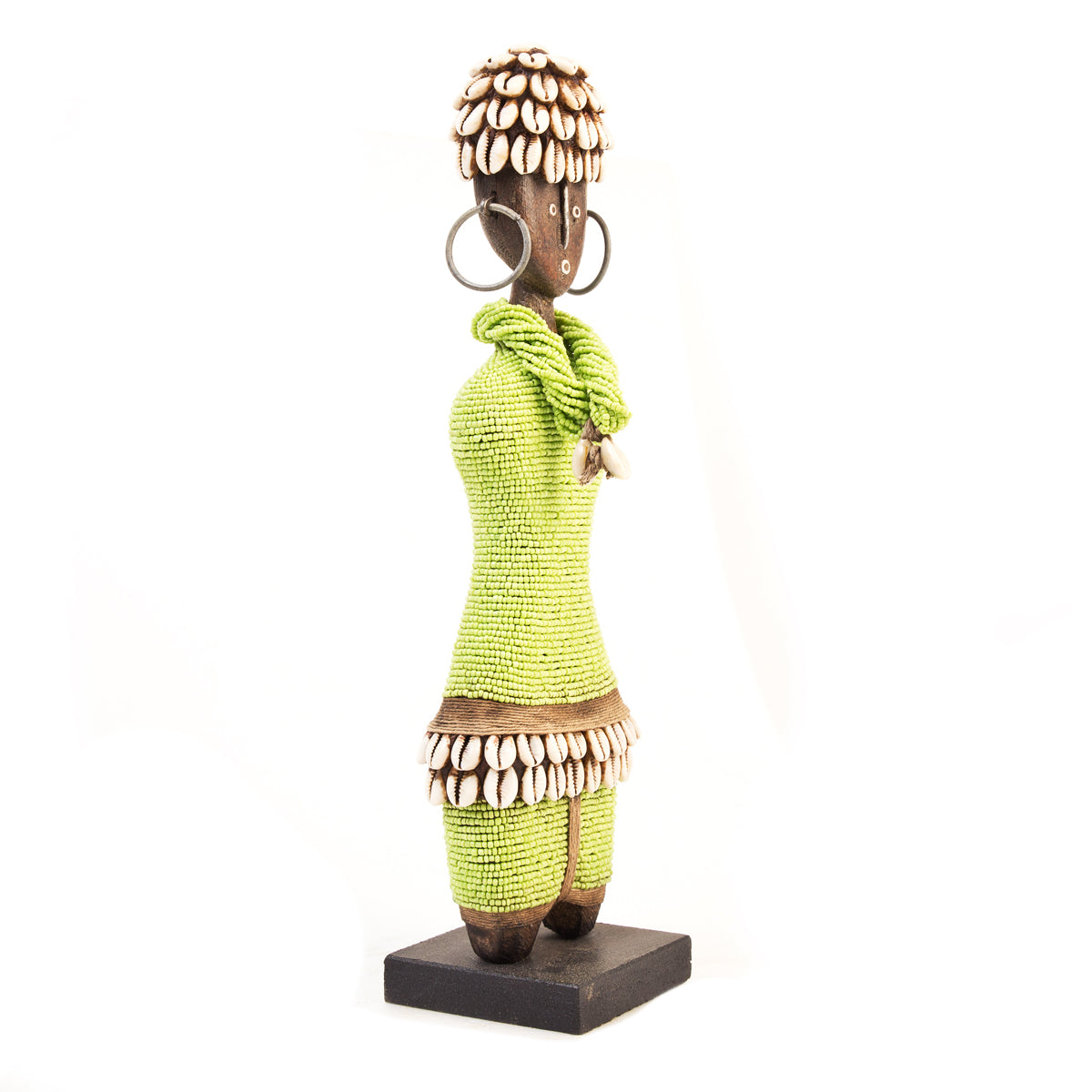 Lime green Namji beaded doll, Cameroon — detail of the beadwork