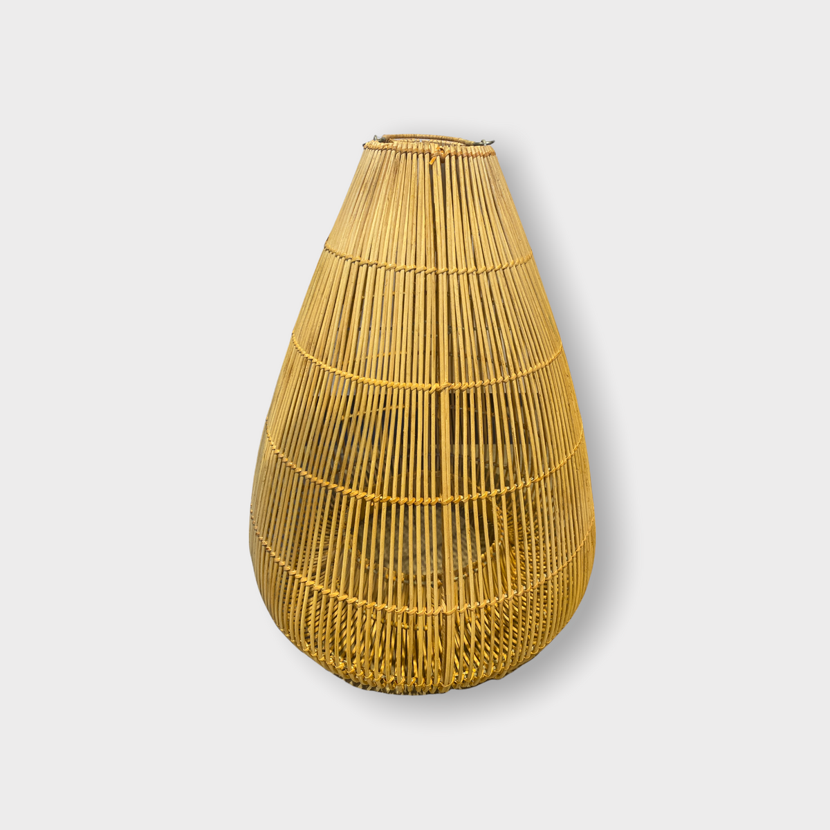 Hand made rattan tear shaped light pendant hangs gracefully in any modern home