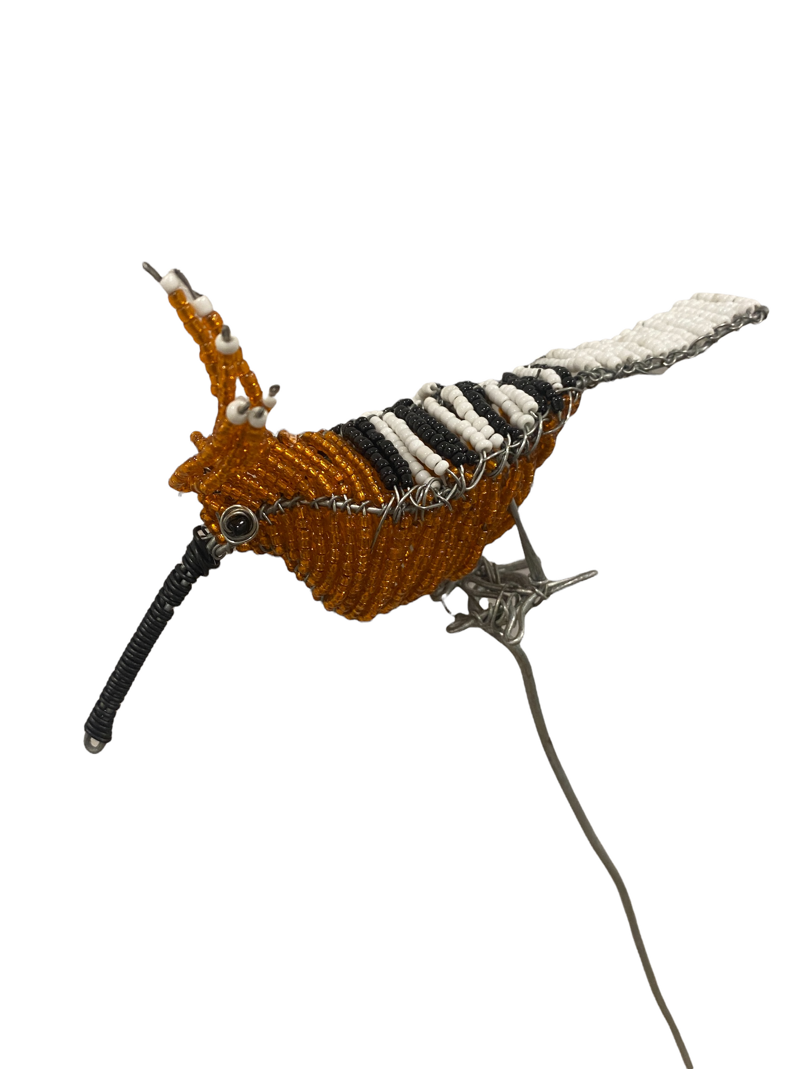 Hand-beaded wire garden bird on a metal stake, made by South African artists