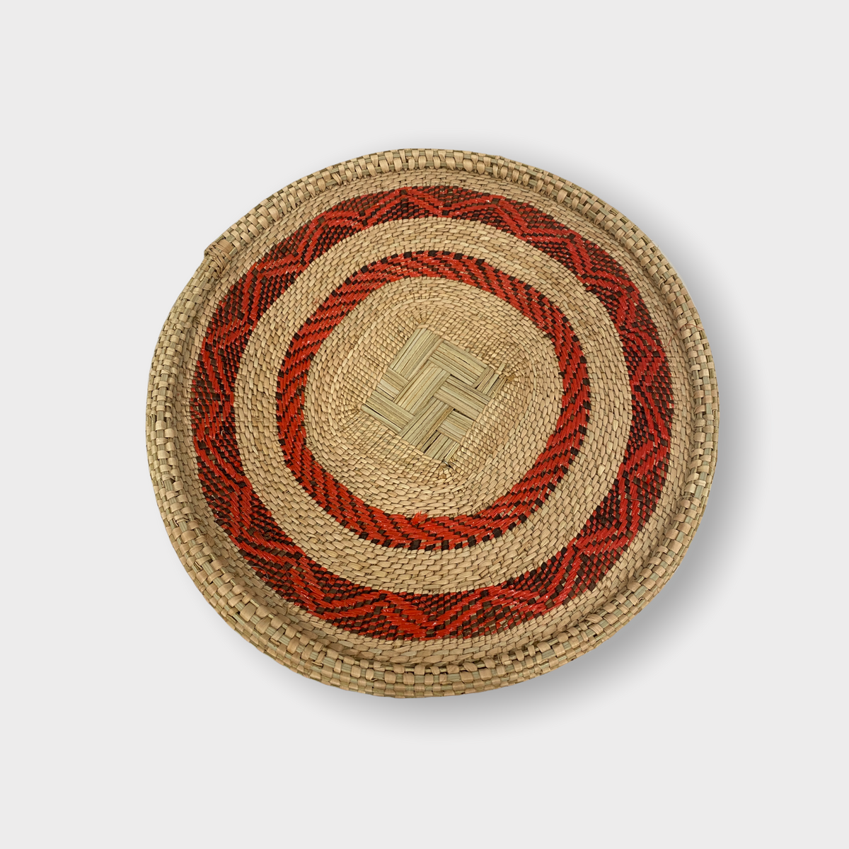 Handwoven Tonga basket in red recycled fibre — another view