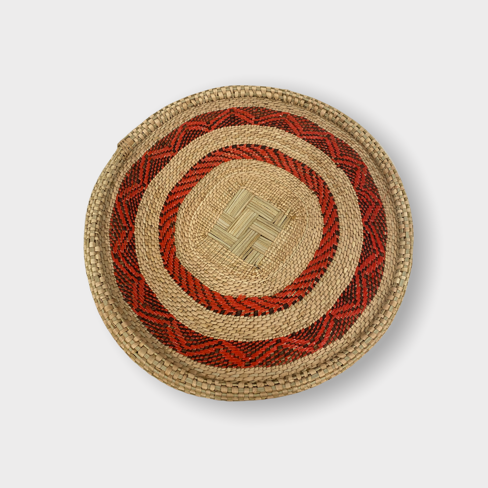 Handwoven Tonga basket in red recycled fibre — another view