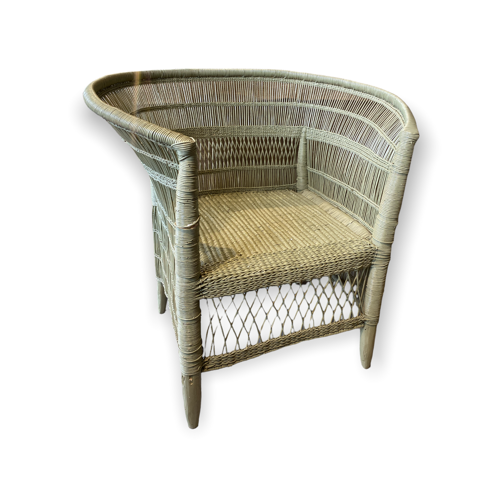 Handwoven olive green rattan Malawi chair with curved barrel back