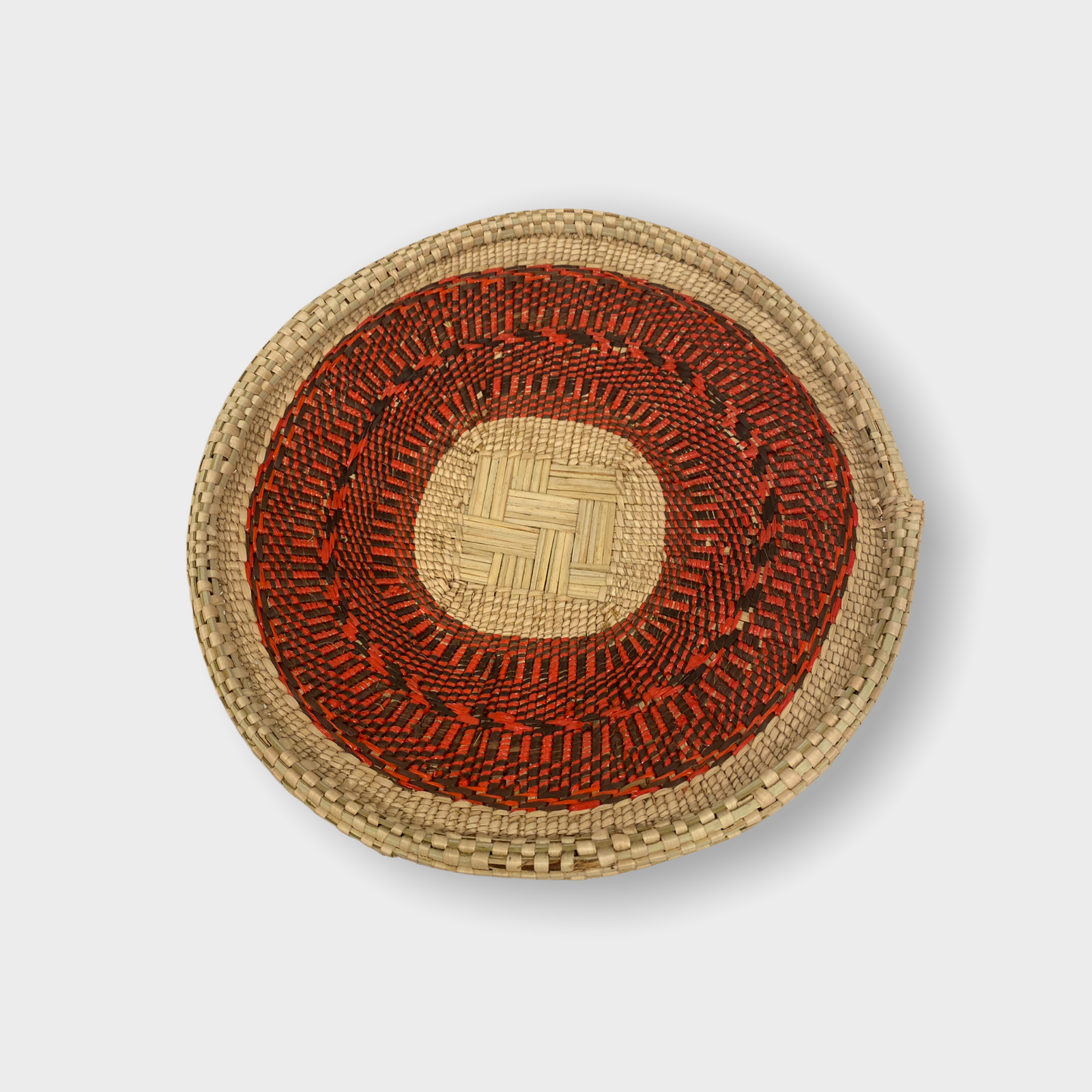 Handwoven Tonga basket in red recycled fibre — another view
