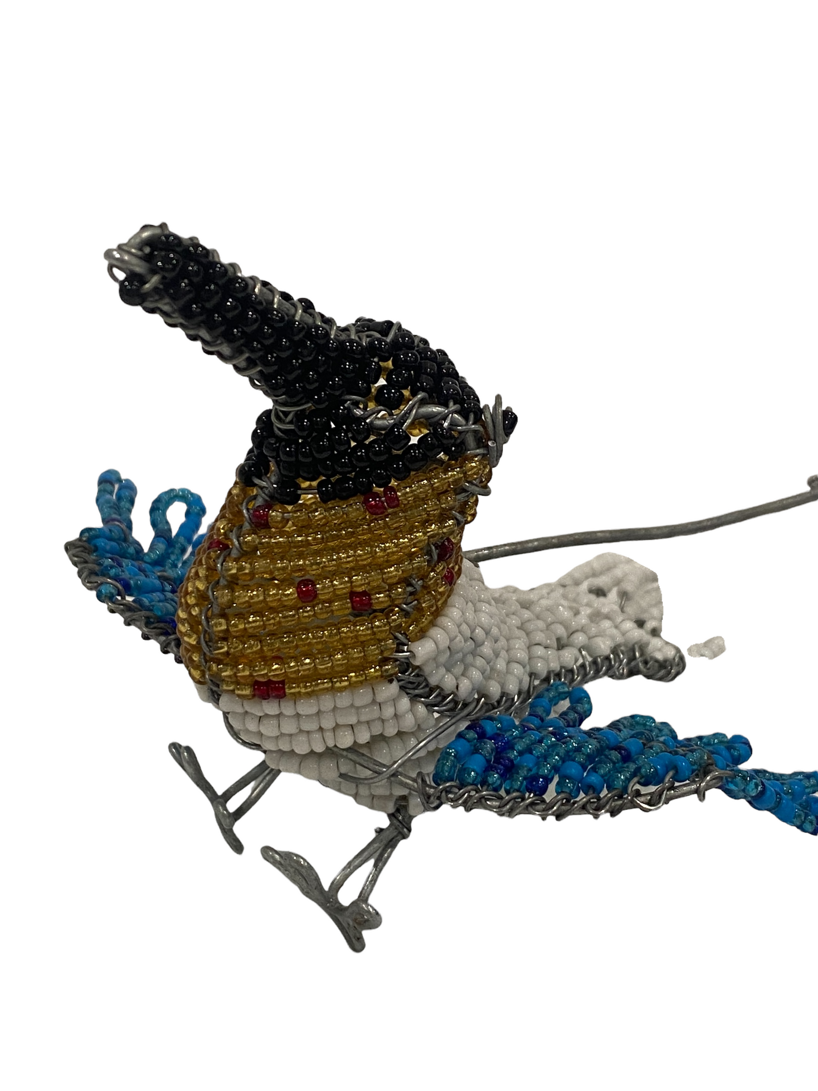Hand-beaded wire bird, made by South African artists