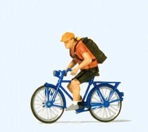 Hand-painted bicycle courier miniature terrarium figure, 1:87 scale