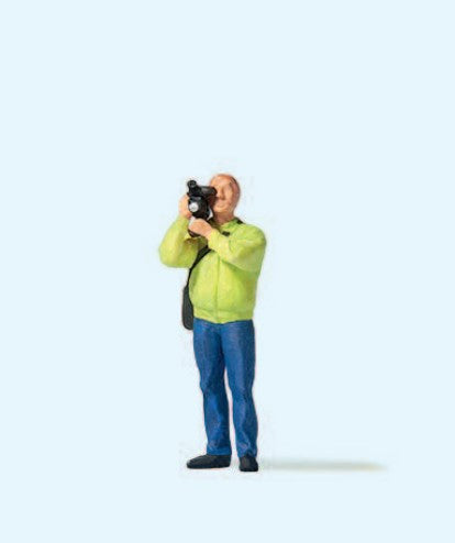 Hand-painted man with a video camera, miniature terrarium figure, 1:87 scale